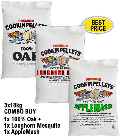 3x18kg COMBO BUY 100%OAK+AppleMash+Longhorn Smoker Pellets for BBQ Pellet Smoker Grills