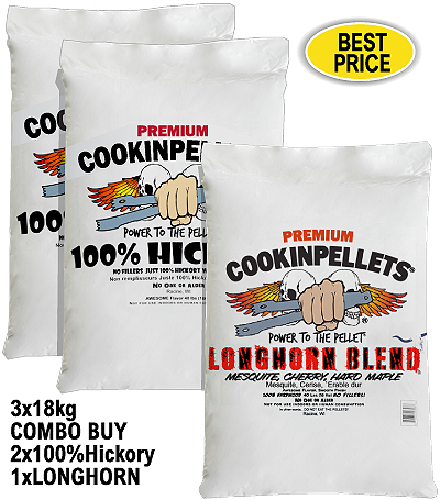 3x18kg COMBO BUY - Premium 2x100%Hickory+1xLonghorn Smoker Pellets for BBQ Pellet Smoker Grills