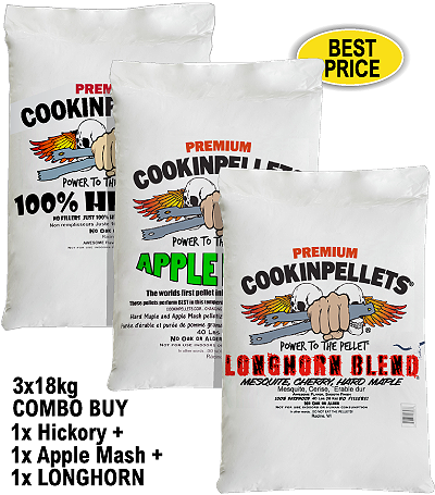 3x18kg COMBO BUY - Premium Hickory+AppleMash+LONGHORN Smoker Pellets for BBQ Pellet Smoker Grills