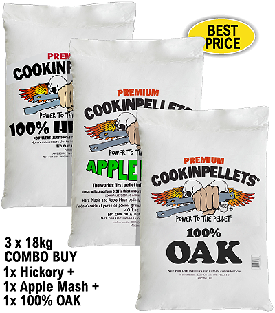 3x18kg COMBO BUY - Premium Hickory+AppleMash+100%OAK Smoker Pellets for BBQ Pellet Smoker Grills
