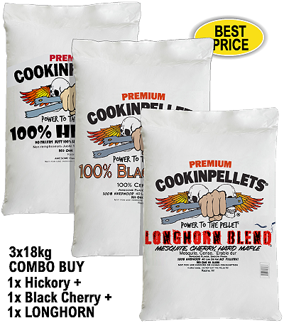 3x18kg COMBO BUY - Premium Hickory+BlackCherry+LONGHORN Smoker Pellets for BBQ Pellet Smoker Grills