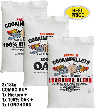 3x18kg COMBO BUY - Premium Hickory+100%OAK+LONGHORN Smoker Pellets for BBQ Pellet Smoker Grills
