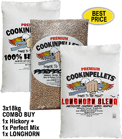 3x18kg COMBO BUY - Premium Hickory+PerfectMix+Longhorn Smoker Pellets for BBQ Pellet Smoker Grills