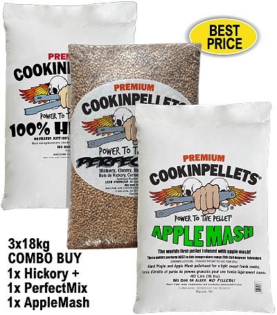 3x18kg COMBO BUY - Premium Hickory+PerfectMix+AppleMash Smoker Pellets for BBQ Pellet Smoker Grills