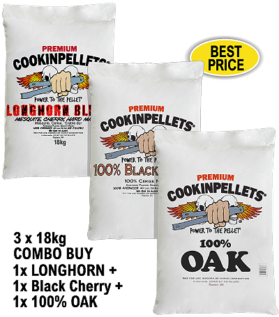 3x18kg COMBO BUY - Premium Longhorn+BlackCherry+100%OAK Smoker Pellets for all Pellet Smoker Grills