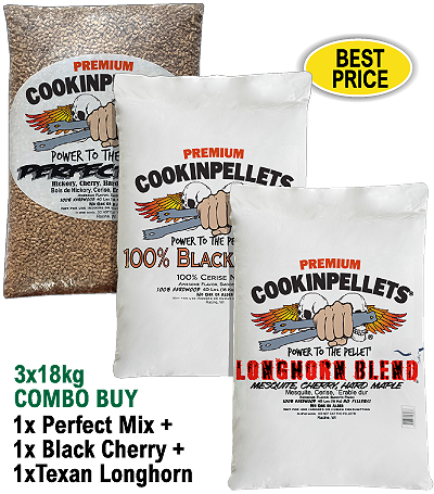 3x18kg COMBO BUY - Premium PerfectMix+BlackCherry+Longhorn Smoker Pellets for BBQ Pellet Smoker Grills