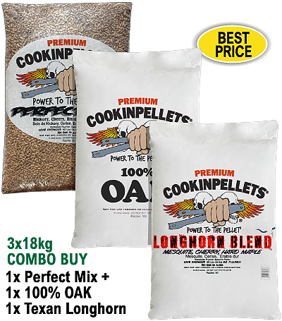 3x18kg COMBO BUY - Premium PerfectMix+100%Oak+Longhorn Smoker Pellets for BBQ Pellet Smoker Grills