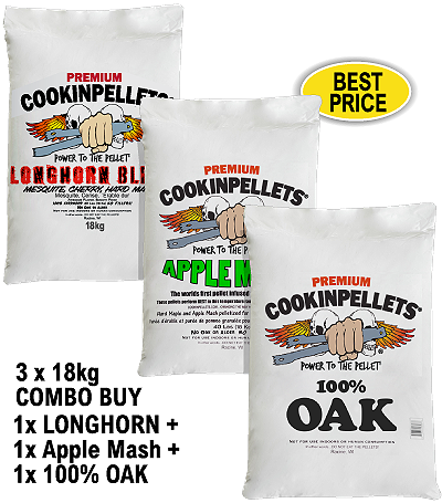 3x18kg COMBO BUY - Premium LonghornMesquite+AppleMash+100%Oak Smoker Pellets for all Pellet Smoker Grills