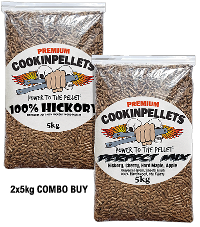 2x5kg COMBO BUY - Premium 100%Hickory+PerfectMixSmoker Pellets for BBQ Pellet Smoker Tubes