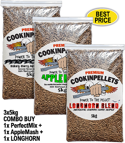 3x5kg COMBO BUY - Premium PerfectMix+AppleMash+LONGHORN for BBQ Pellet Smoker Tubes
