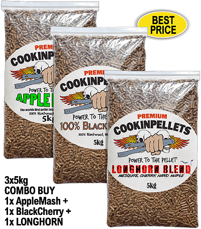 3x5kg COMBO BUY - Premium AppleMash+BlackCherry+Longhorn for BBQ Pellet Smoker Tubes