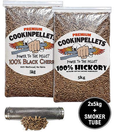2x5kg COMBO BUY - Premium BlackCherry+100%Hickory Smoker Pellets PLUS BBQ Smoker Tube