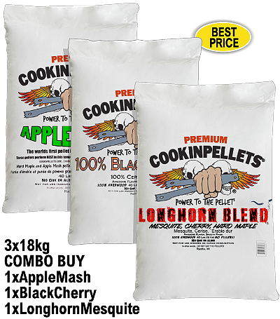 3x18kg COMBO BUY - Premium AppleMash+BlackCherry+Longhorn Smoker Pellets